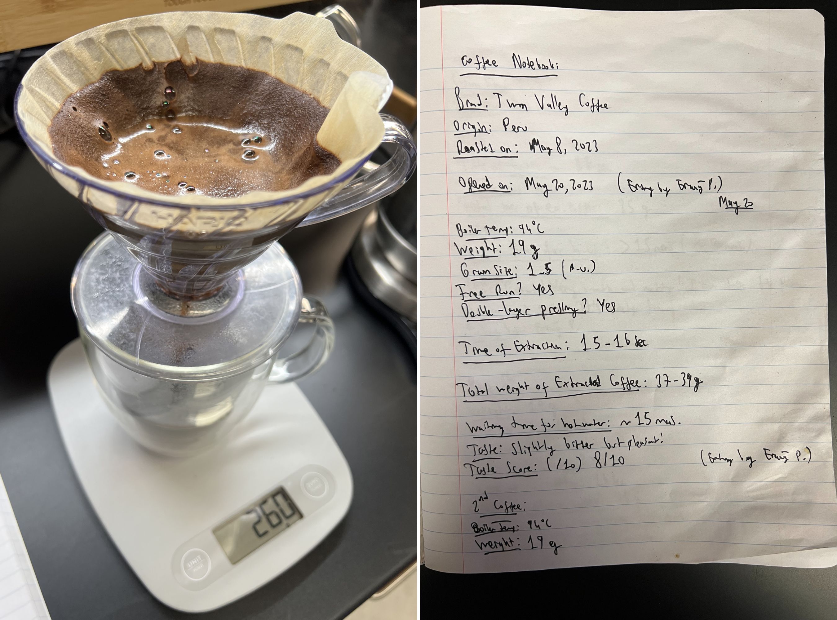 Left: A pour-over coffee filter on a scale: Right: scientific notes handwritten in a notebook.
